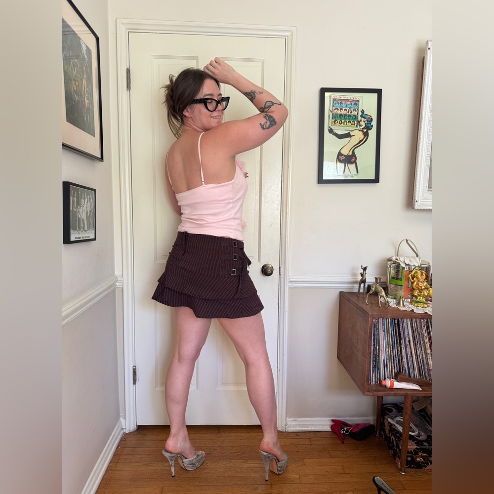 Y2K Vintage Brown and Pink Pinstripe Tiered Mini Skirt with side buckles